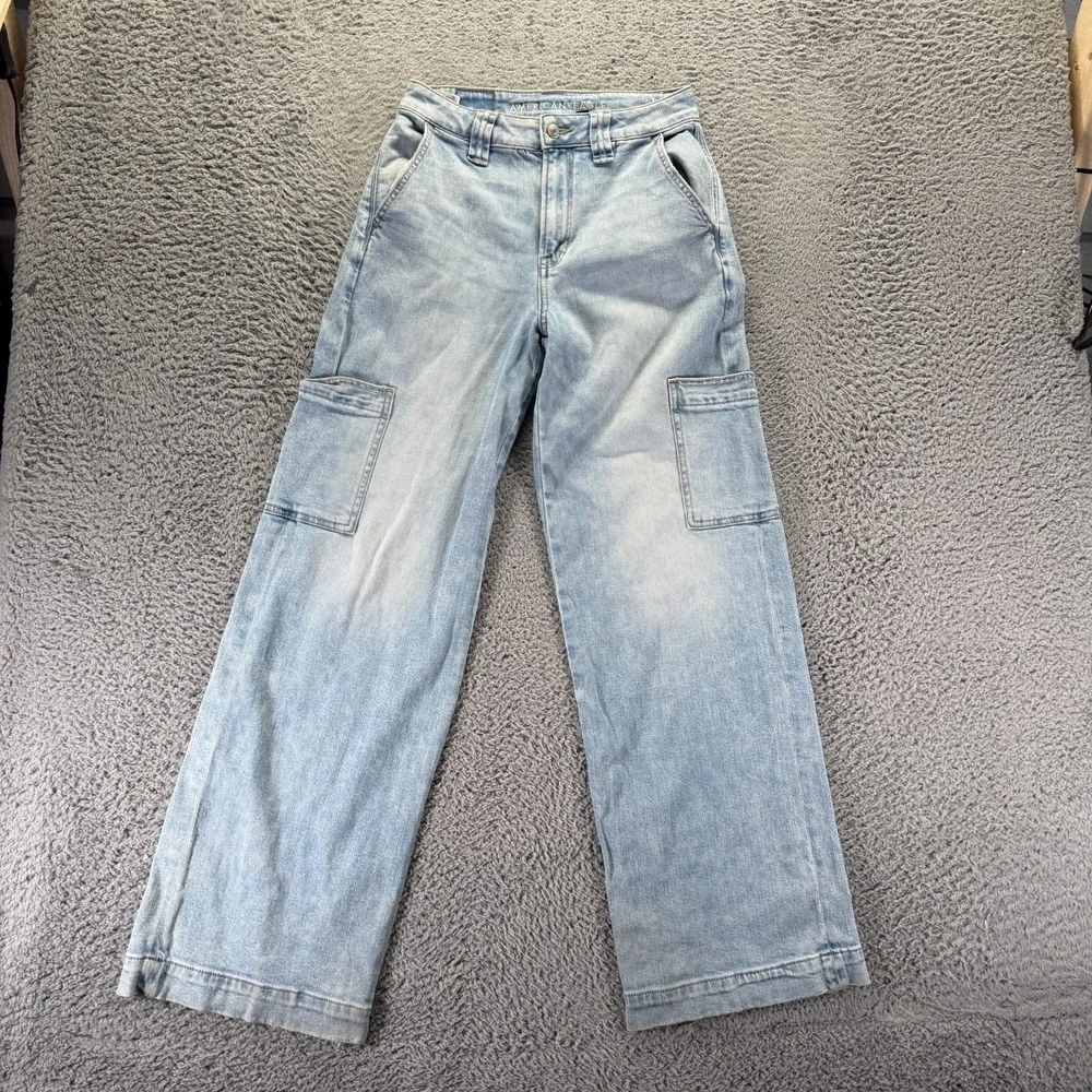 American Eagle Outfitters Jeans Womens 0 Blue Denim Wide-Leg Cargo Baggy Stretch